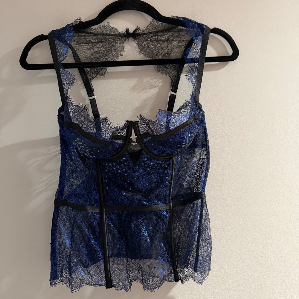 Victoria's Secret Scandalous Corset Top Womens 36C Blue Black Lace Rhinestone